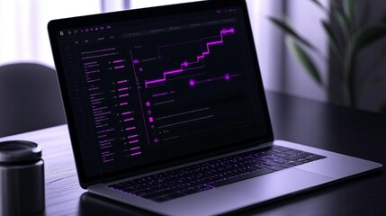 Open laptop displaying a sophisticated, data-driven interface with a progress bar and various graphical elements