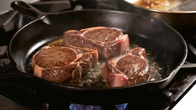 Cooking of a big red beef stake in a black pan