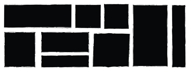 Rectangle Brush stroke, ink paint brush, grunge box. Black square shapes with brush borders on white background. Vintage grunge boxes for collage, text, banner, sticker, poster design - Vector stock