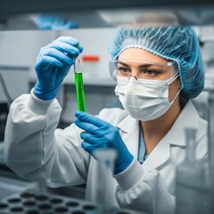 Female Laboratory Scientist Doctor Green Test Tube. A medical or scientific researcher or doctor looking at a test tube of liquid green solution in a laboratory 