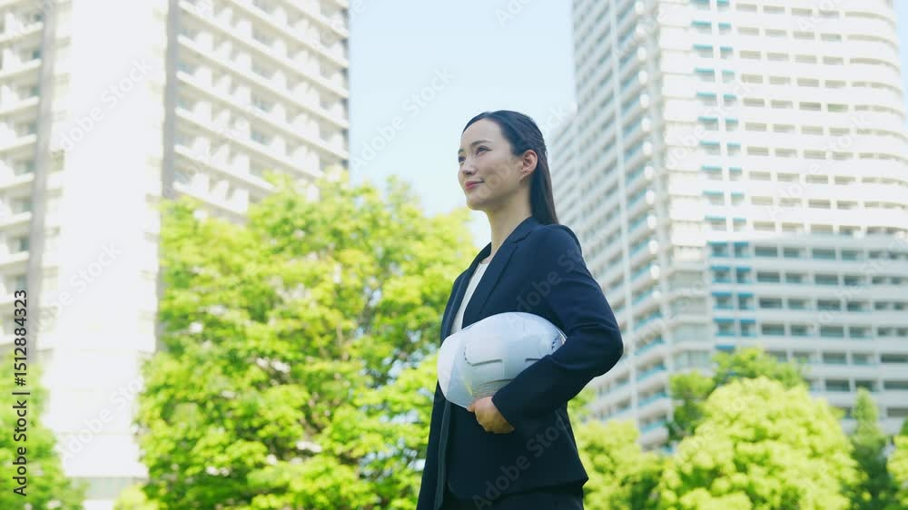 Aufkleber 新緑の街の前にヘルメットを持って立つ女性ビジネスパーソン