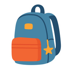 Cartoon blue backpack with orange pocket and star keychain. Flat vector illustration of school or travel bag.