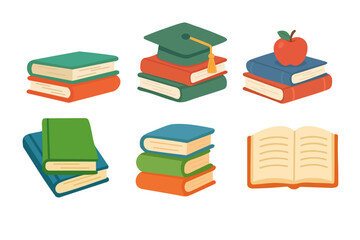 Cartoon vector set with different books, graduation cap and apple. Flat illustration for school and education projects.