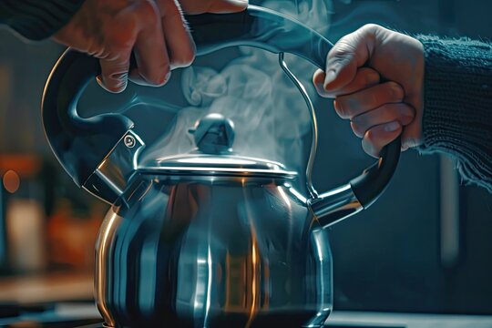 detailed color picture of Close Up Of Man Turning On Switch To Boil Kettle