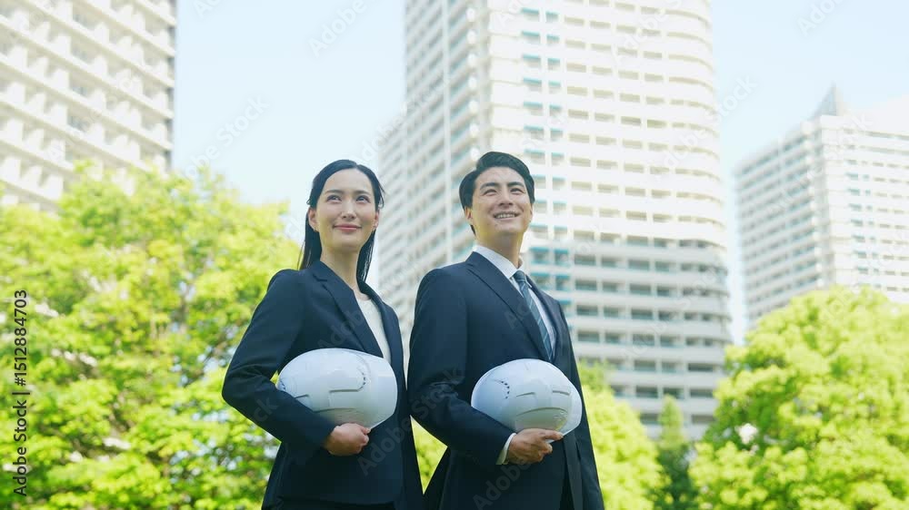 Poster 新緑の街の前にヘルメットを持って立つビジネスパーソンのグループ