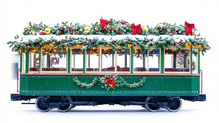 Festive vintage tram adorned with christmas decorations and snow showcasing holiday spirit - Powered by Adobe