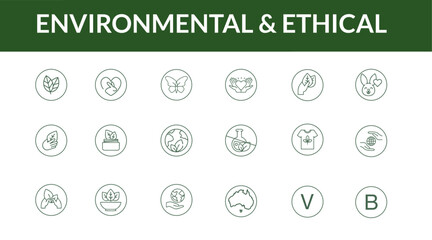 Ethical Sustainable Vegan Icons, Fair Trade, Sustainability Minimal Icon Set. Vector Icons of Ethical Practices, Eco-Friendly Products, Environmental Impact, Vegan, B-Corp, Line Art Icons