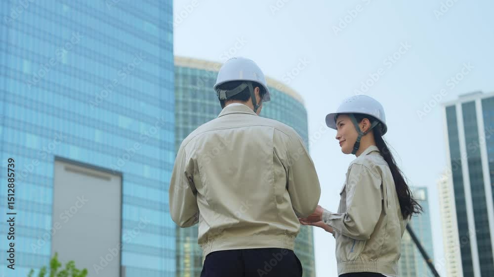 Aufkleber 建設現場でタブレットを見ながら打ち合わせする男女エンジニアのグループ
