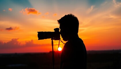 A figure silhouetted against a vibrant sunset, holding a camera, immersed in a tranquil natural landscape,  shadow,  focus