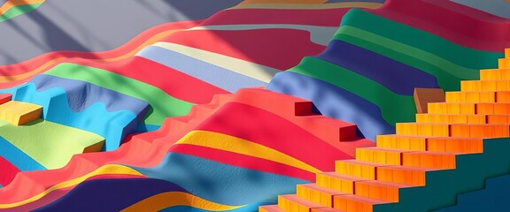 Abstract colorful stepped landscape, shaded with geometric blocks,   block pattern,  background