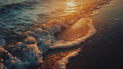 Golden hour serenity: Waves gently kiss the shore in a mesmerizing ocean scene