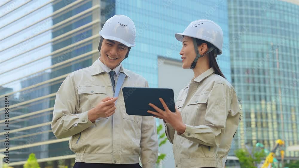 Aufkleber 建設現場でタブレットを見ながら打ち合わせする男女エンジニアのグループ