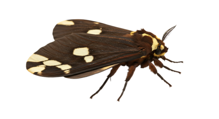 Striking Dark Brown Moth with Cream Spots and Yellow Head