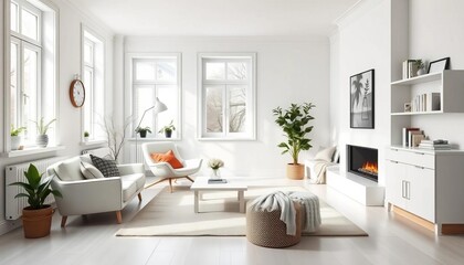 Fototapeta premium Bright white Scandinavian living room with minimalist modern chair, apartment, light