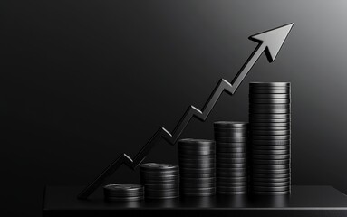 Stacked golden coins on a black podium with an upward arrow and dramatic lighting