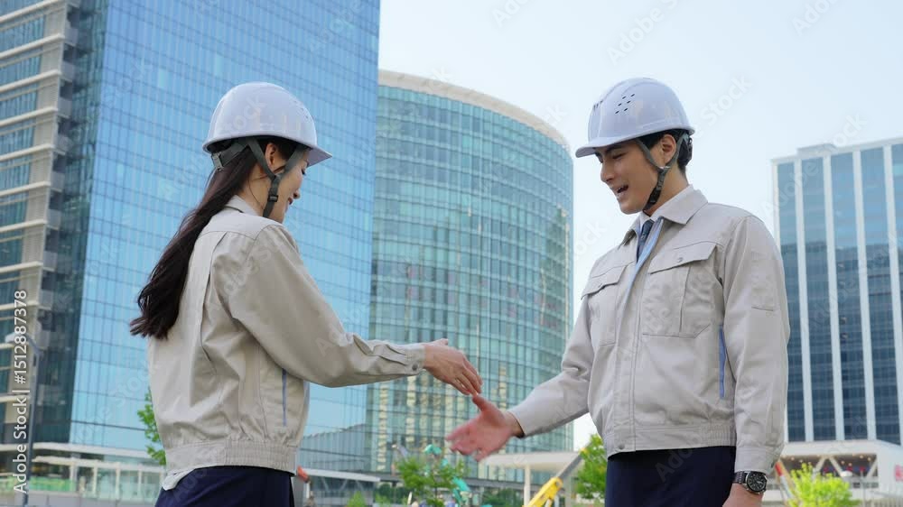 Aufkleber 建設現場で握手する男女エンジニアのグループ