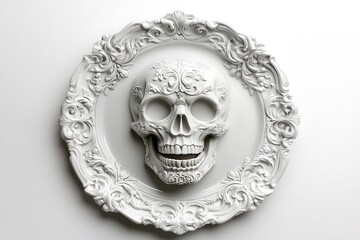 Ornate white skull with floral design in an oval frame against a white background surface view