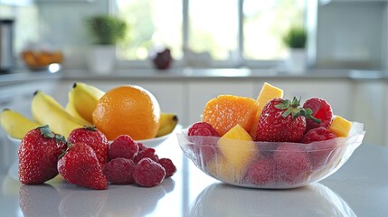 A package of xylitol sweetener beside a bowl of fresh fruit on a clean kitchen countertop.