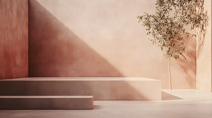 Pastel-toned display podium with natural light and a small plant.