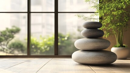Stacked stones on a wooden surface by a window.