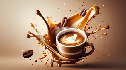 A steaming cup of coffee with latte art sits at the center, surrounded by dynamic splashes of milk, cream, and espresso in rich shades of brown and beige, creating an energetic and artistic scene.