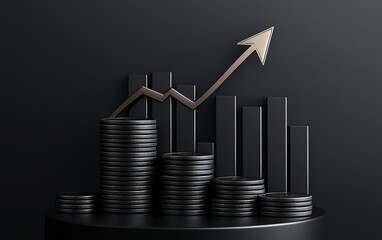 Stacked golden coins on a black podium with an upward arrow and dramatic lighting