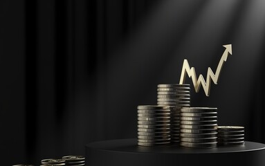 A stack of gold coins arranged on rectangular black podium blocks with an upward arrow symbolizing financial growth