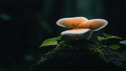 A cluster of mushrooms growing together in a mystical forest.