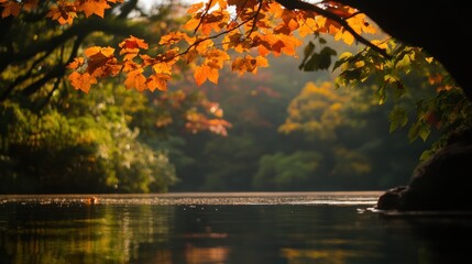 A soft breeze ruffling the leaves of a tree by a calm lake.