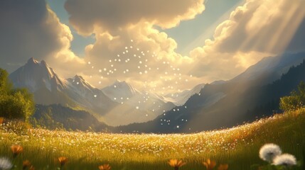 A playful breeze sweeping through a meadow lifting dandelion seeds into the air.