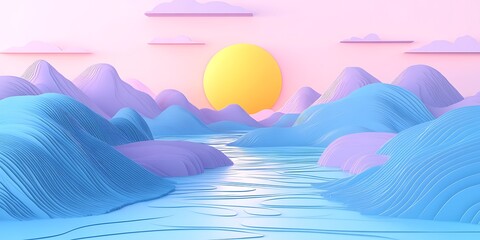 Serene pastel dreamscape with textured hills and radiant sun element