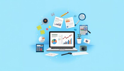 Laptop displaying data analytics surrounded by office tools and charts on a blue background