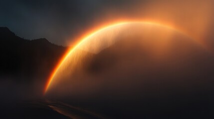 A rainbow appearing through the fog over a quiet mountain range.