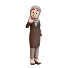 3D muslim business woman character feels happy and romantic shapes heart gesture