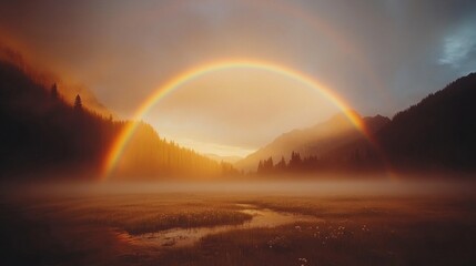 A rainbow arching over a peaceful meadow with dew covered flowers beneath.