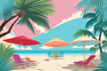 Obraz premium Summer Vacation Beach Illustration — Flat Vector with Palm Trees, Coconut Drink, and Sunset