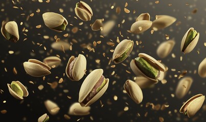 Realistic pistachios flying and floating in mid-air on a transparent background