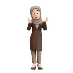 3D muslim business woman character feels happy and romantic shapes heart hand gesture