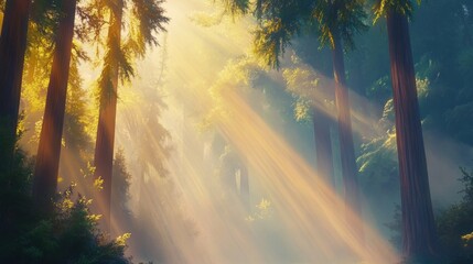 A soft light filtering through the trees in a peaceful forest.
