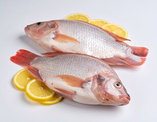 Two fresh tilapia fish with lemon slices. Ready to cook delicious meal.