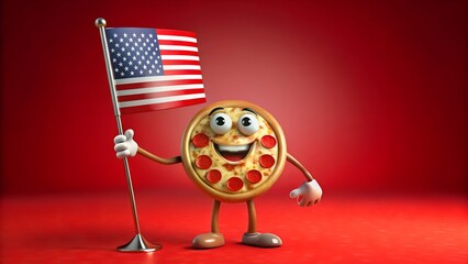 Funny pizza slice with eyes arms legs holding USA flag happy expression on red background symbolizing American pride and celebration milkyhexddway pizzas Backgrounds ads