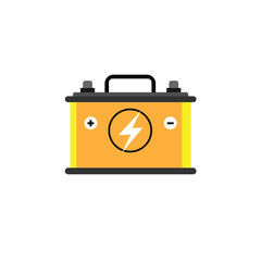 Flat design illustration of a yellow car battery with positive and negative terminals and a lightning bolt symbol, representing energy storage or power supply.