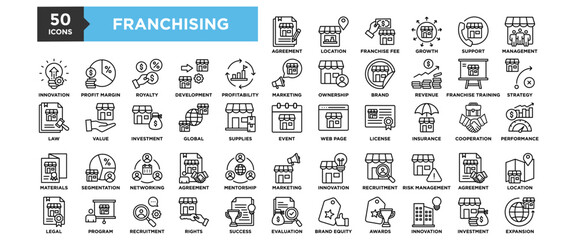 50 Franchising icon set. Containing design business, franchise, marketing, retail, management, store, investment	