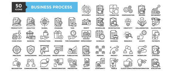 50 Business Process icon set. Containing design business, process, concept, management, technology, system	