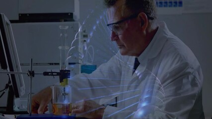 Senior scientist placing tube into clamp, pipetting sample as blue spiral wrapping experiment - Powered by Adobe