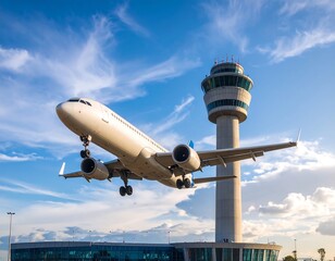 Airplane landing near control tower