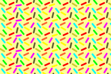 Seamless pattern of donut sprinkles (often called "mesis" in Indonesia). They come in various bright colors, including red, green, yellow, blue, purple, pink, and brown. For background and snack theme
