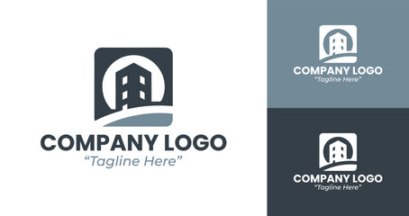 Minimalist Company Logo Design with Building and Business Elements in Dark Blue and Gray
