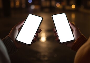 Photo of Two people holding smartphones with blank screens at night in a city, showcasing modern technology and communication against a blurred background of city lights