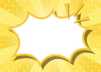 ハーフトーン柄入りのサンバーストとトゲトゲのフレーム背景、キラキラのパターン、ポップなデザイン